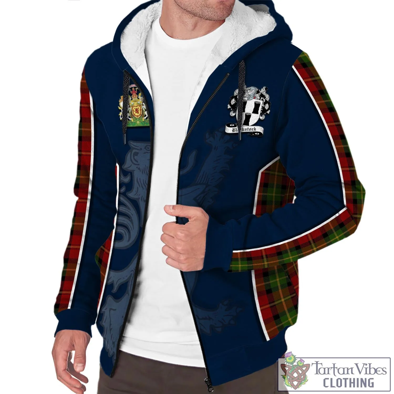 Blackstock Red Dress Tartan Sherpa Hoodie with Family Crest and Lion Rampant Vibes Sport Style