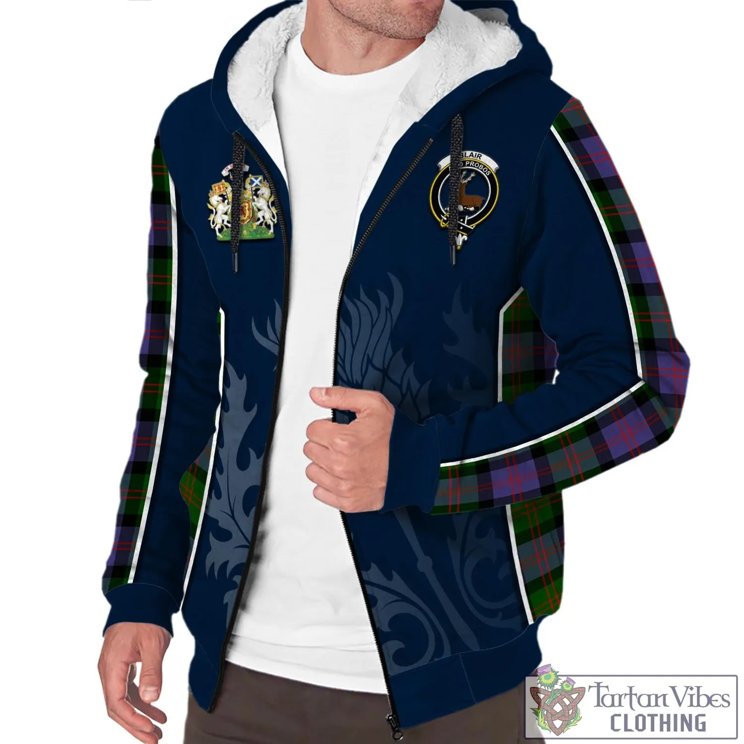 Blair Modern Tartan Sherpa Hoodie with Family Crest and Scottish Thistle Vibes Sport Style