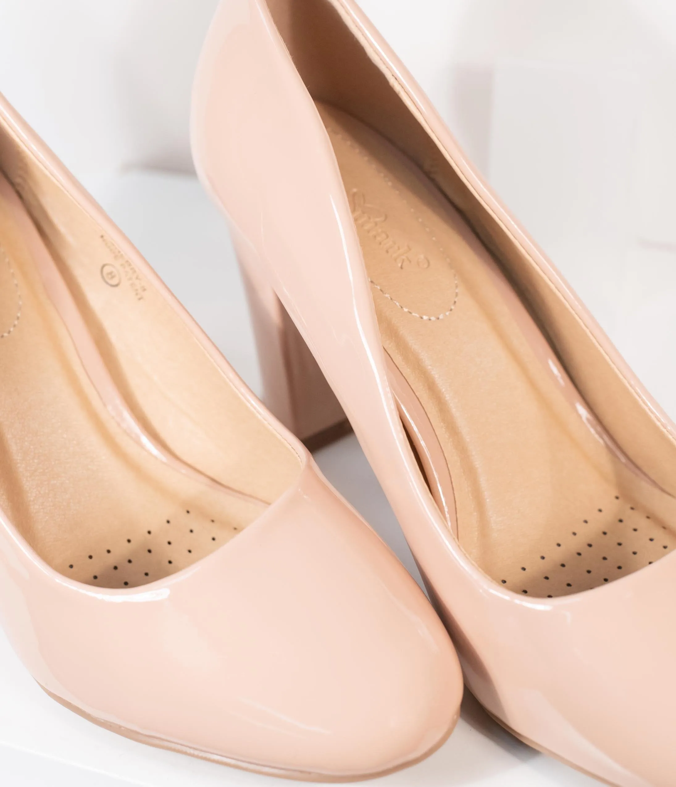 Blush Pink Patent Leatherette Block Heel Pumps