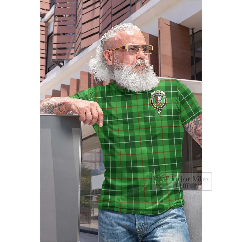 Boyle Tartan Cotton T-shirt with Family Crest and Bearded Skull Holding Bottles of Whiskey