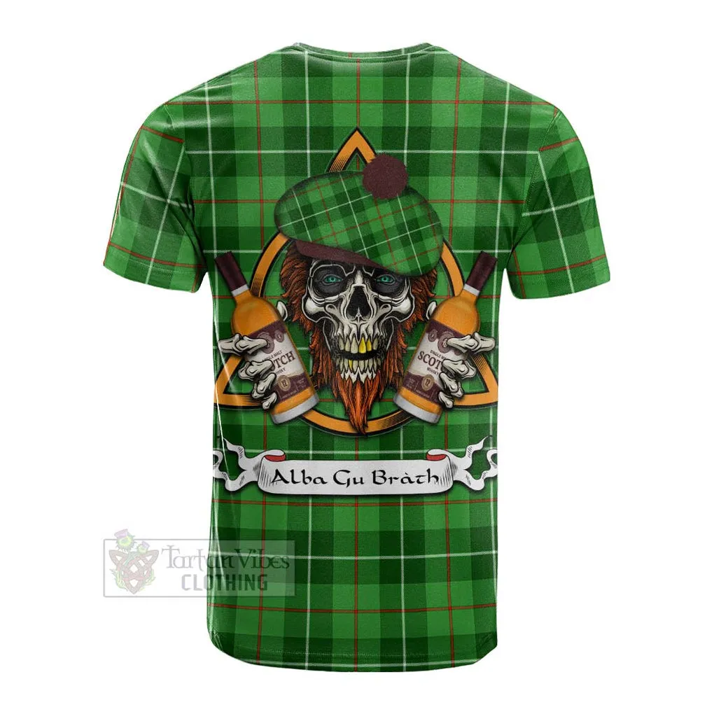 Boyle Tartan Cotton T-shirt with Family Crest and Bearded Skull Holding Bottles of Whiskey