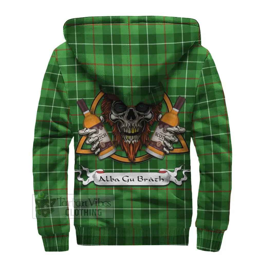 Boyle Tartan Sherpa Hoodie with Family Crest and Bearded Skull Holding Bottles of Whiskey