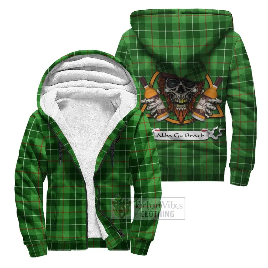 Boyle Tartan Sherpa Hoodie with Family Crest and Bearded Skull Holding Bottles of Whiskey