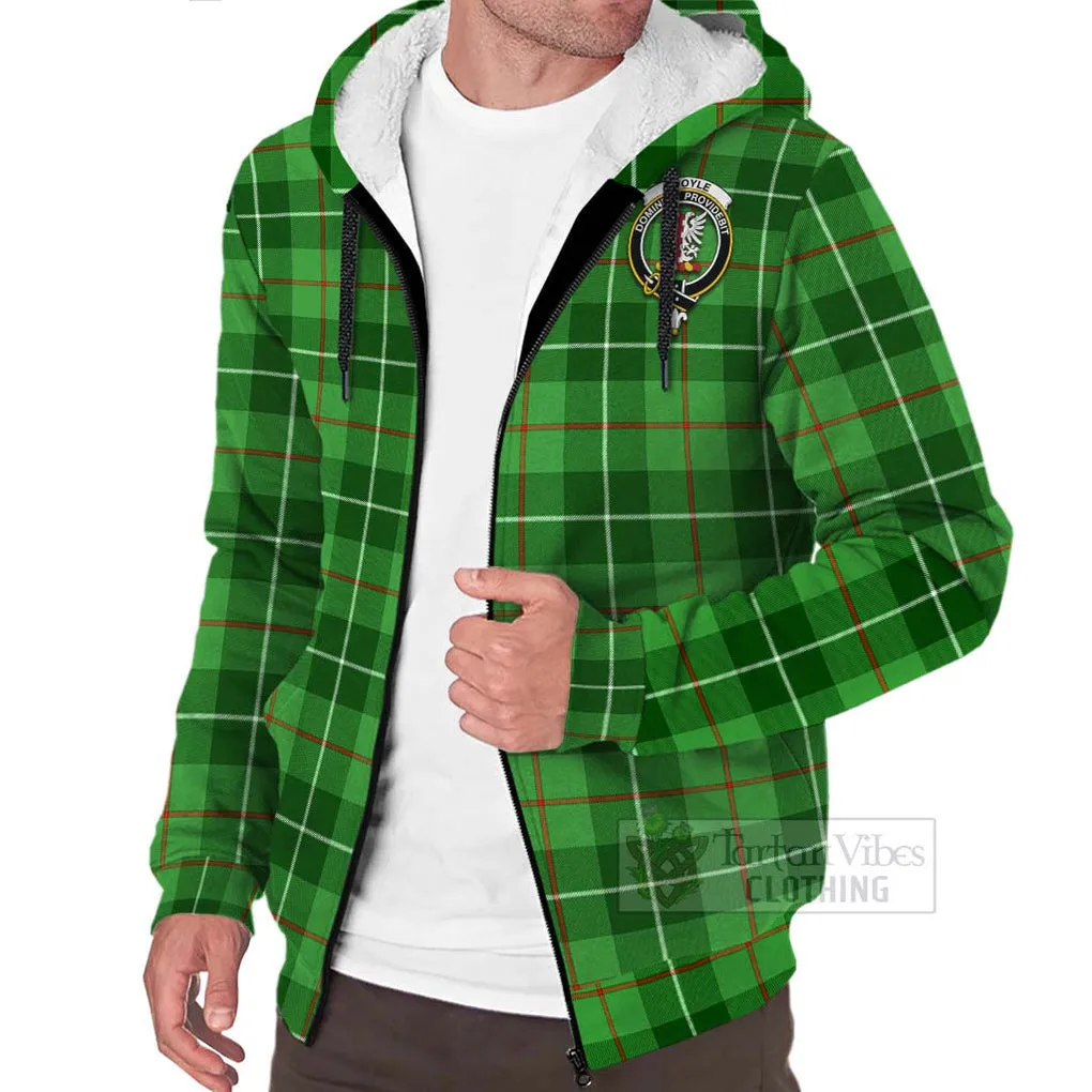 Boyle Tartan Sherpa Hoodie with Family Crest and Bearded Skull Holding Bottles of Whiskey