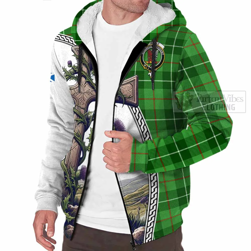 Boyle Tartan Sherpa Hoodie with Family Crest and St. Andrew's Cross Accented by Thistle Vines