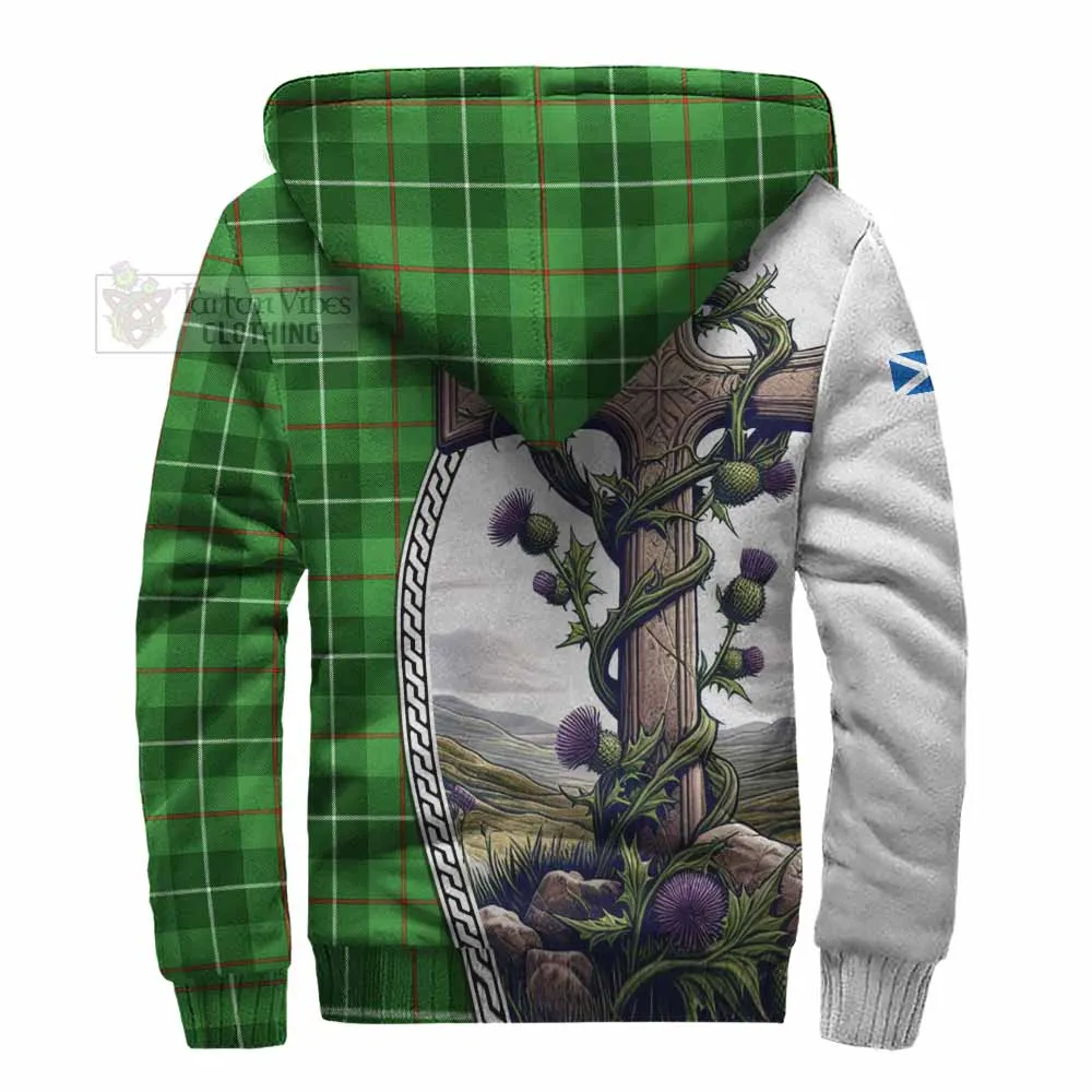 Boyle Tartan Sherpa Hoodie with Family Crest and St. Andrew's Cross Accented by Thistle Vines