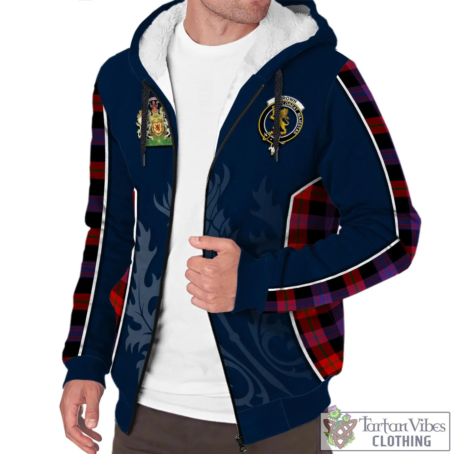 Brown (Broun) Tartan Sherpa Hoodie with Family Crest and Scottish Thistle Vibes Sport Style