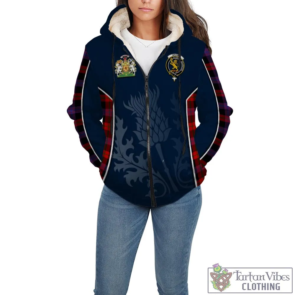 Brown (Broun) Tartan Sherpa Hoodie with Family Crest and Scottish Thistle Vibes Sport Style