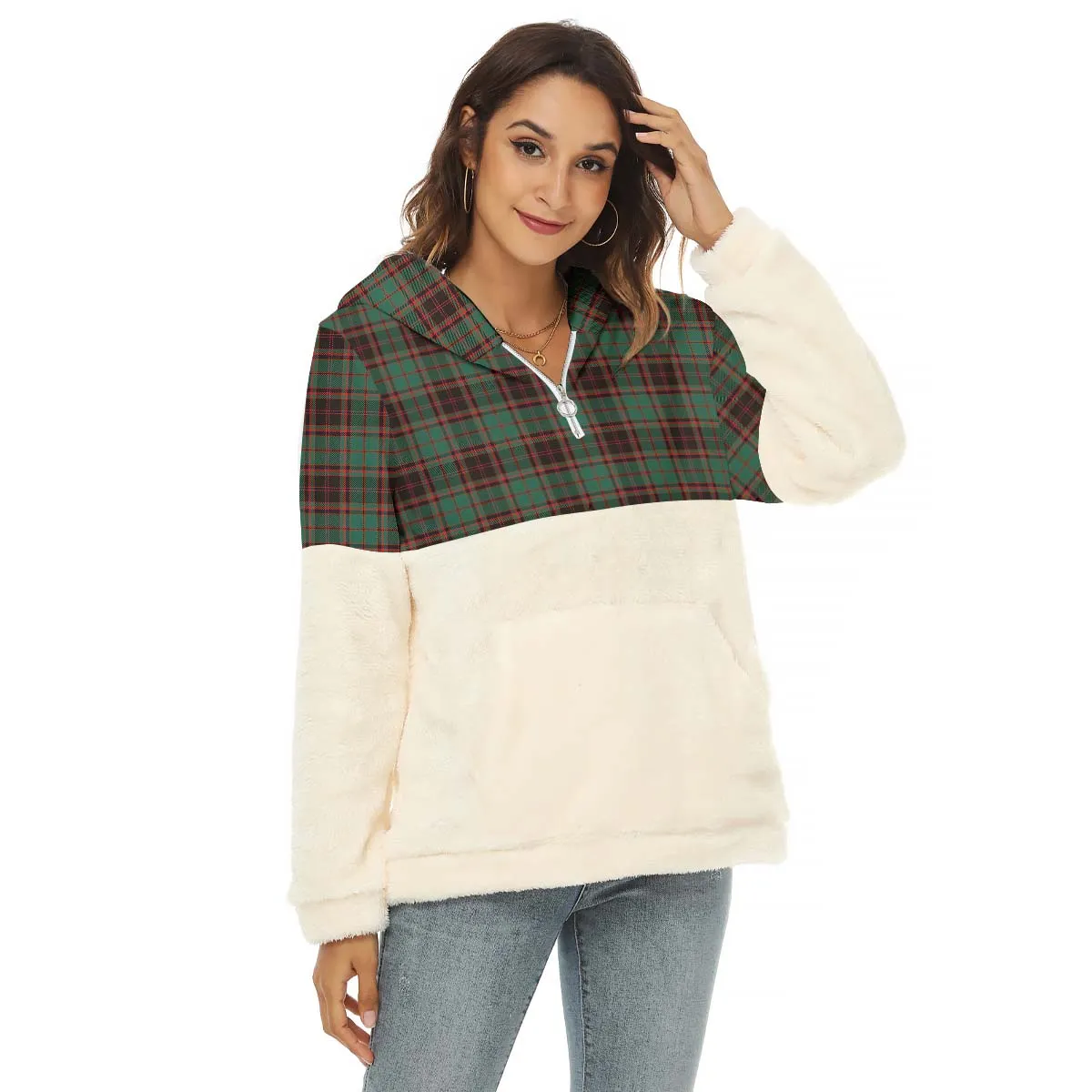 Buchan Ancient Tartan Women's Borg Fleece Hoodie With Half Zip