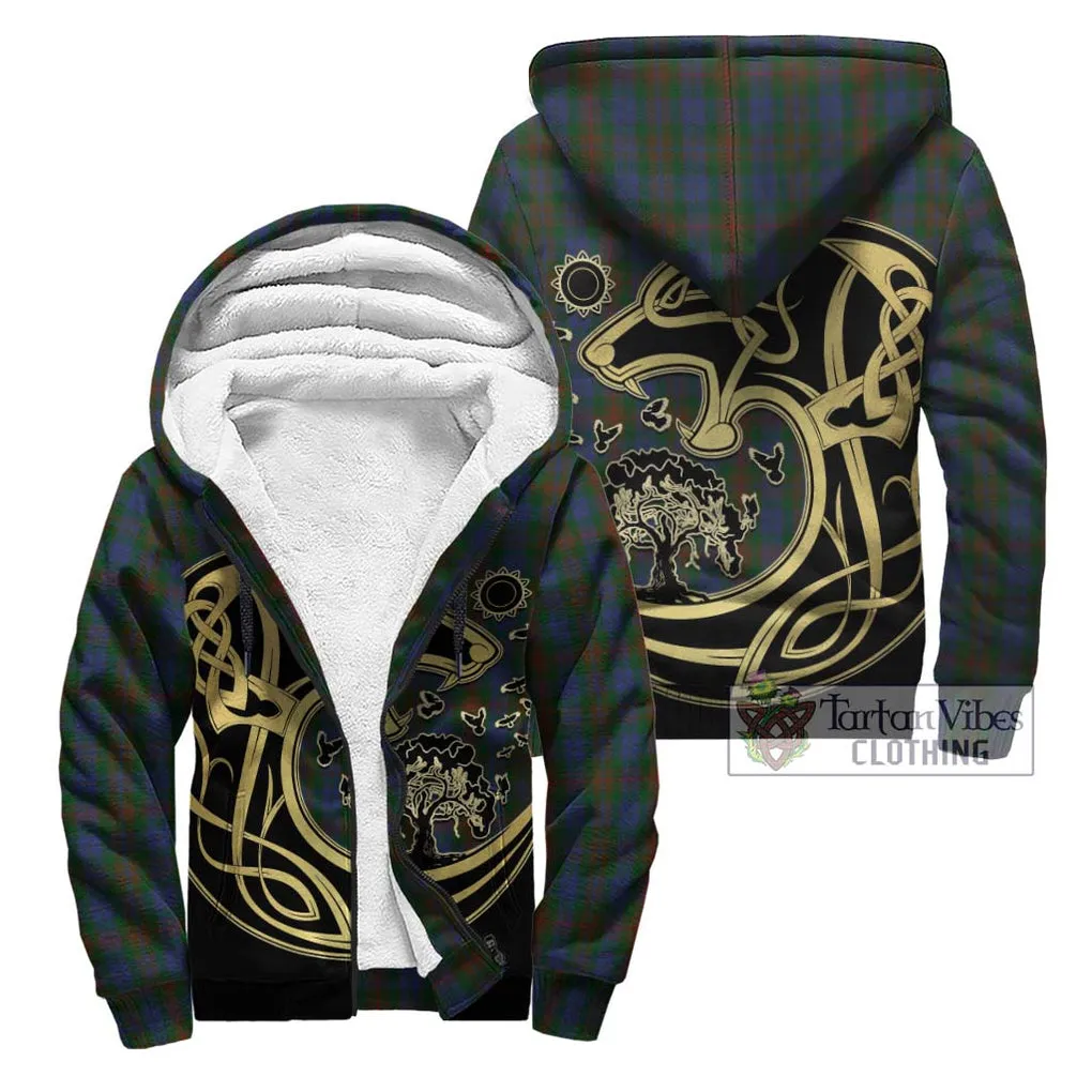 Buchanan Hunting Tartan Sherpa Hoodie with Family Crest Celtic Wolf Style