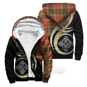 Buchanan Old Set Weathered Tartan Sherpa Hoodie with Family Crest and Celtic Symbol Style