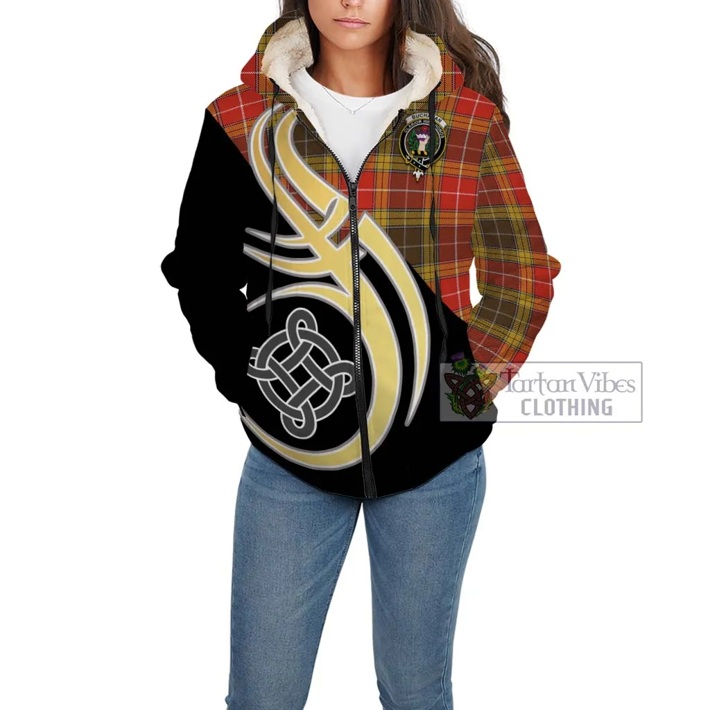 Buchanan Old Set Weathered Tartan Sherpa Hoodie with Family Crest and Celtic Symbol Style