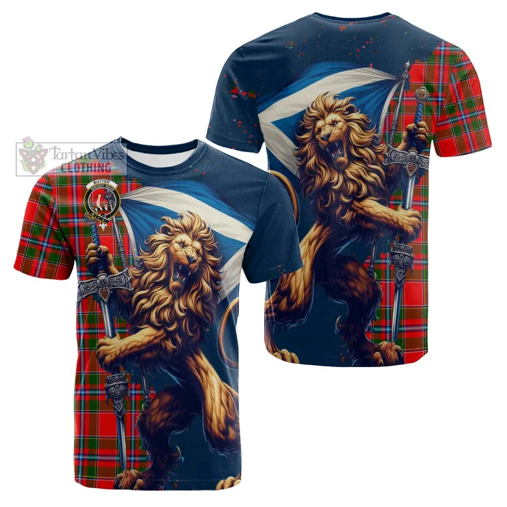 Butter Tartan Family Crest Cotton T-shirt with Scottish Majestic Lion