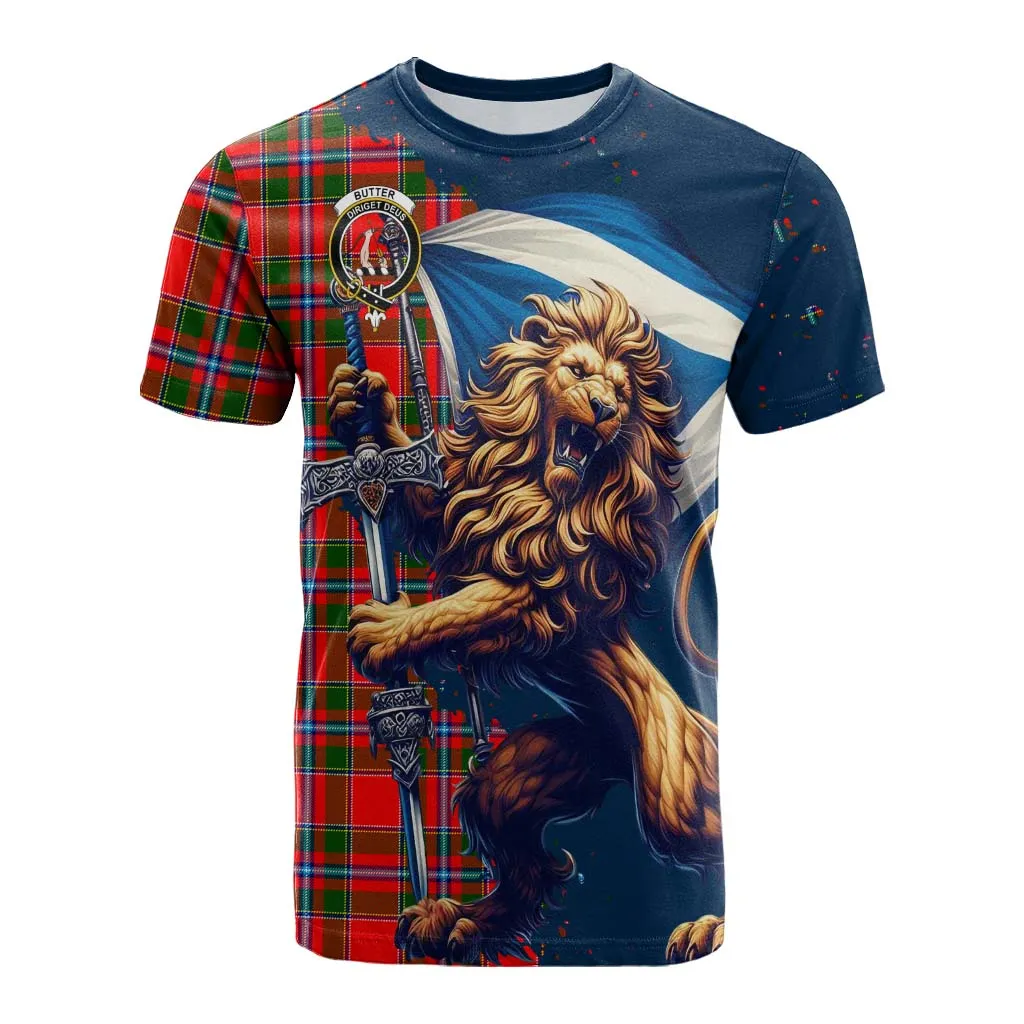 Butter Tartan Family Crest Cotton T-shirt with Scottish Majestic Lion