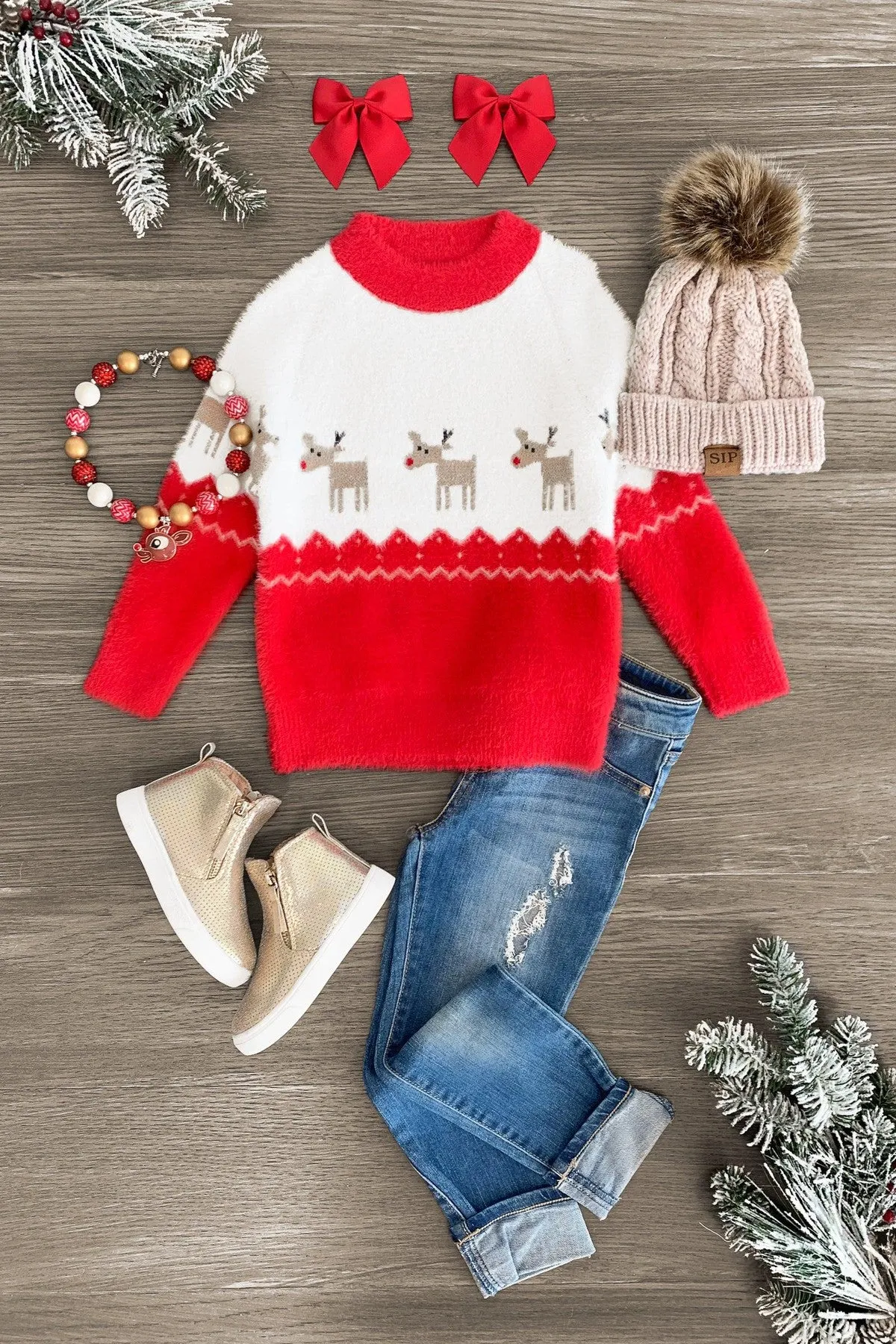 Cozy White & Red Reindeer Sweater