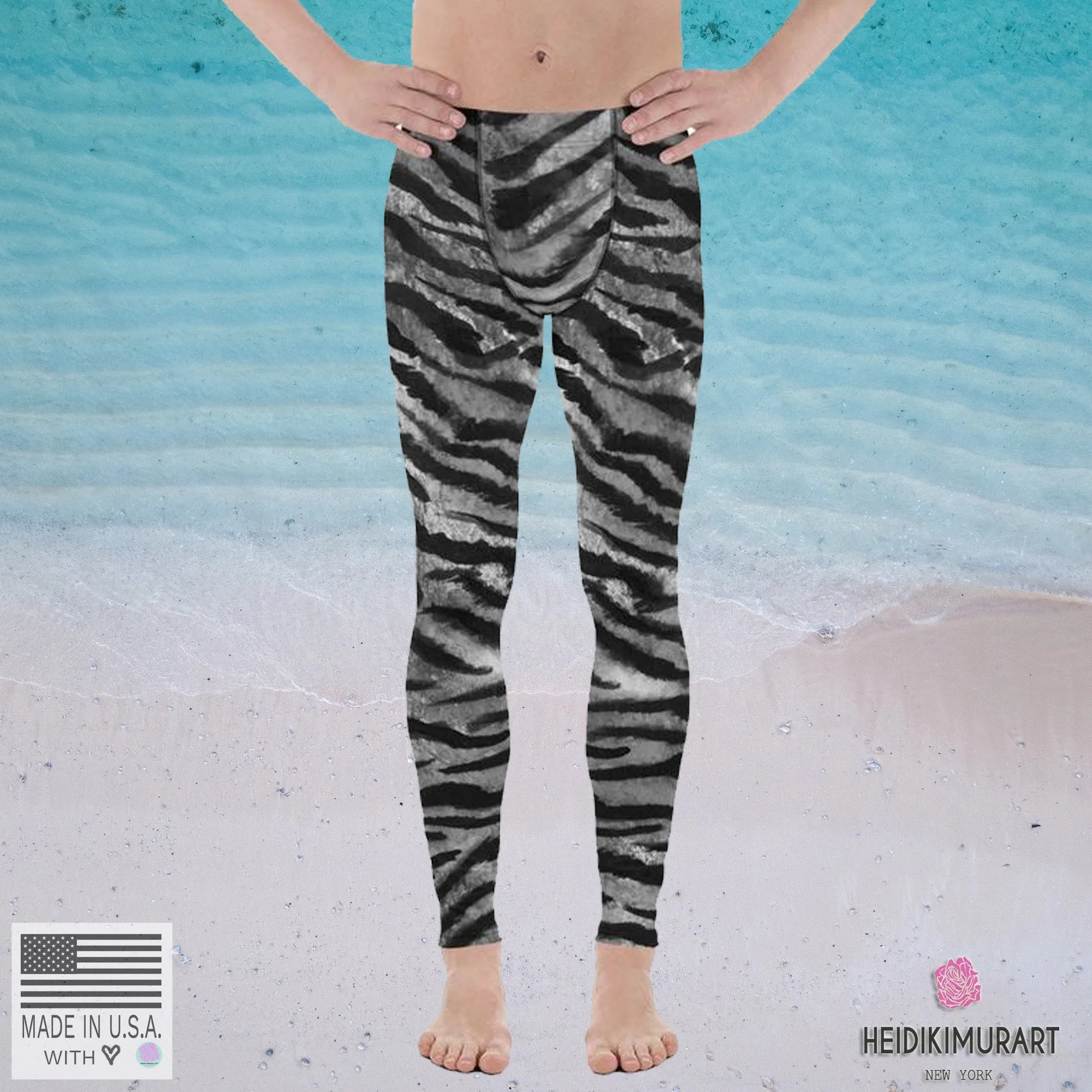 Gray Tiger Stripe Print Meggings, Animal Print Men's Leggings Run Tights- Made in USA/EU