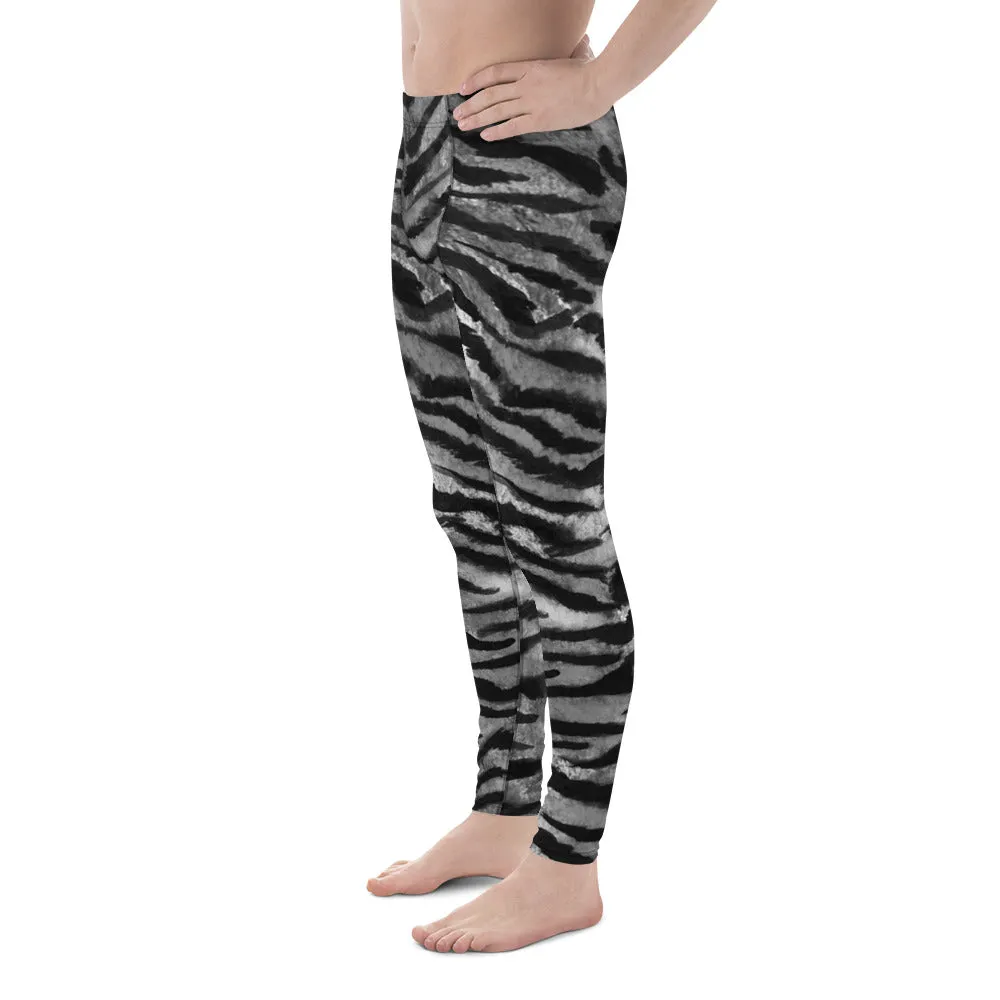 Gray Tiger Stripe Print Meggings, Animal Print Men's Leggings Run Tights- Made in USA/EU