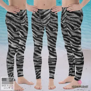 Gray Tiger Stripe Print Meggings, Animal Print Men's Leggings Run Tights- Made in USA/EU