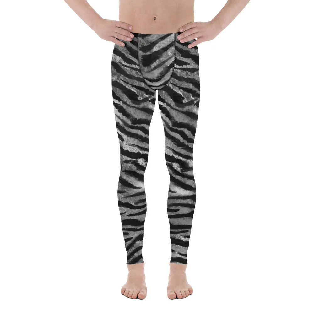 Gray Tiger Stripe Print Meggings, Animal Print Men's Leggings Run Tights- Made in USA/EU