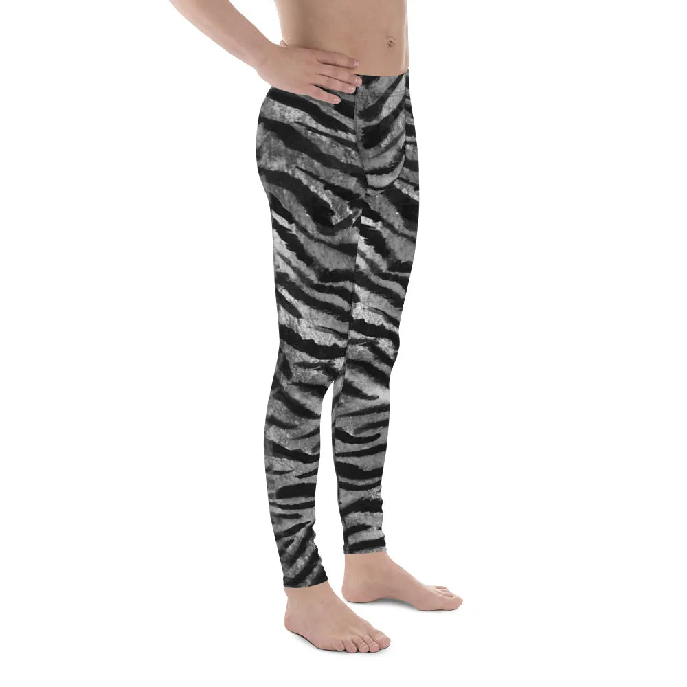 Gray Tiger Stripe Print Meggings, Animal Print Men's Leggings Run Tights- Made in USA/EU