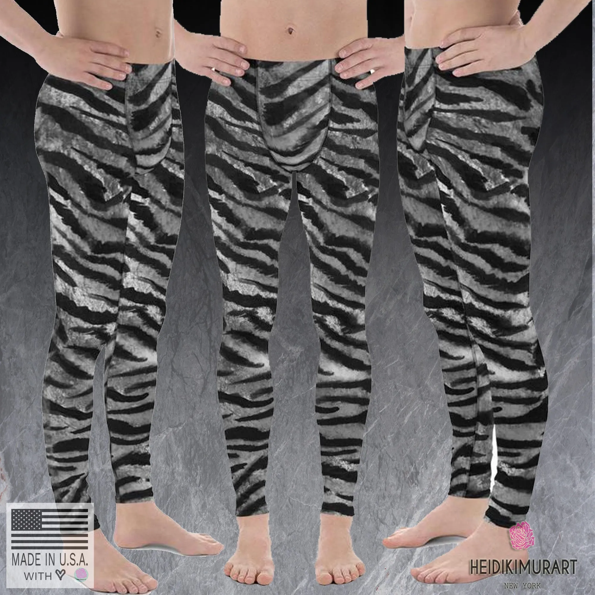 Gray Tiger Stripe Print Meggings, Animal Print Men's Leggings Run Tights- Made in USA/EU