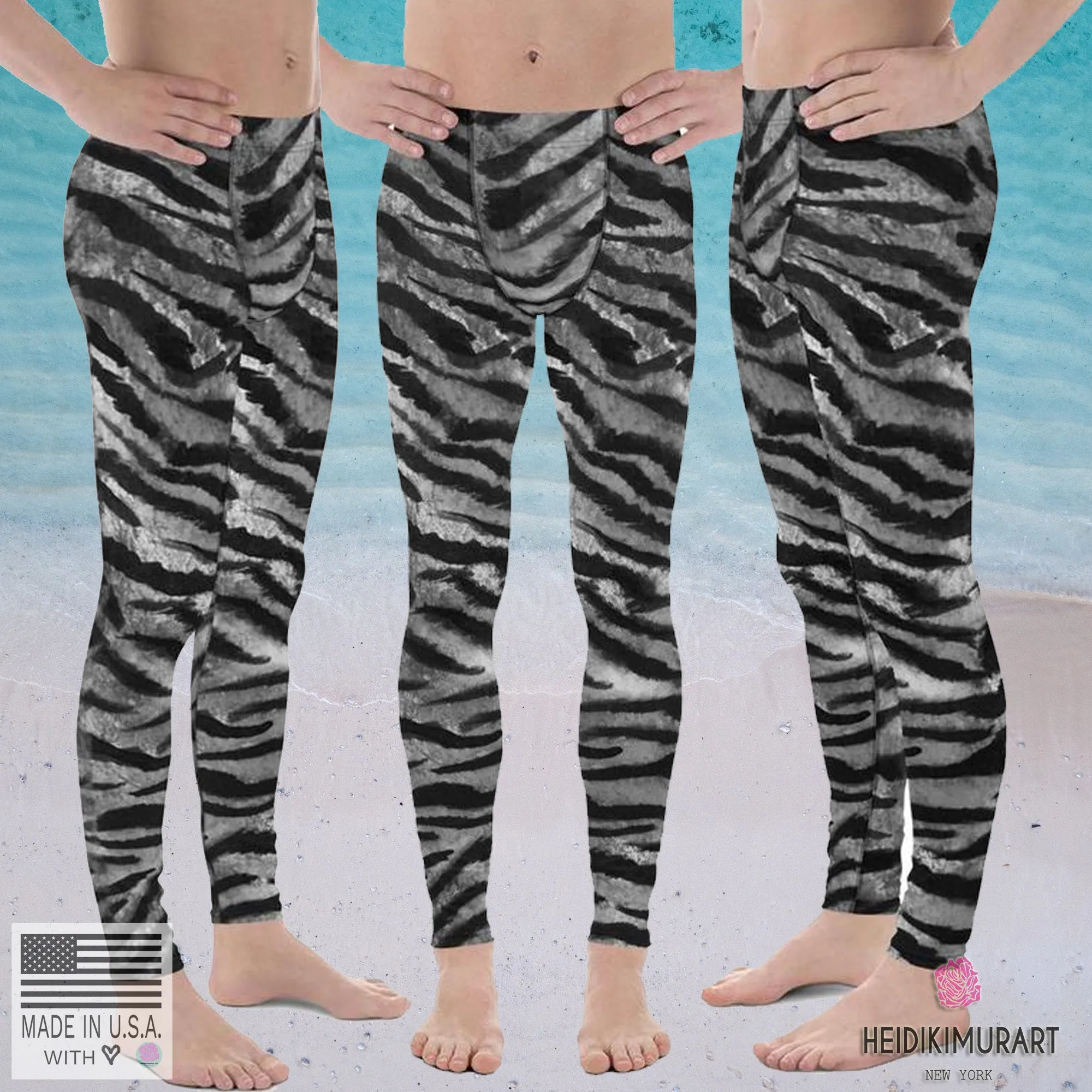 Gray Tiger Stripe Print Meggings, Animal Print Men's Leggings Run Tights- Made in USA/EU