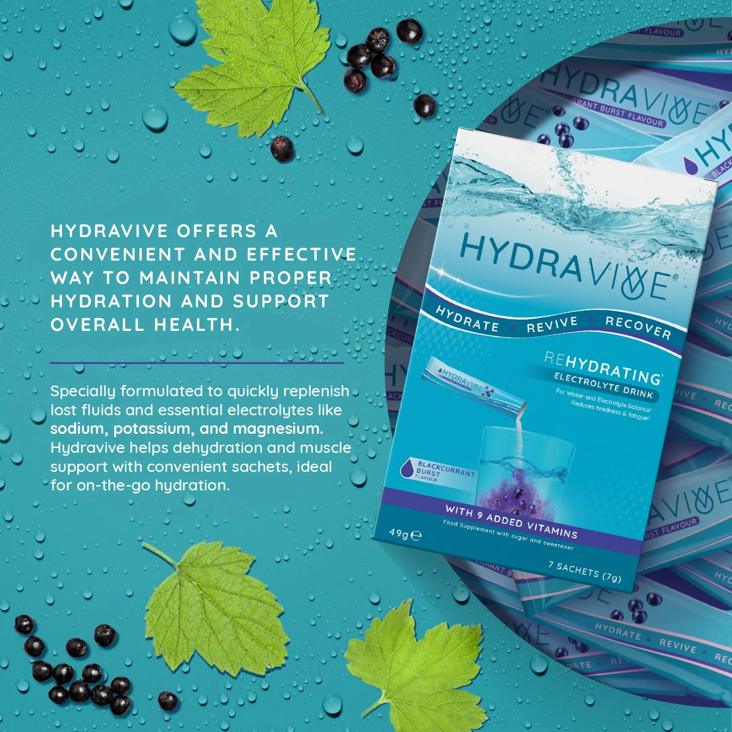 Hydravive Rapid Rehydration Electrolytes Powder - 21 Pack Blackcurrant