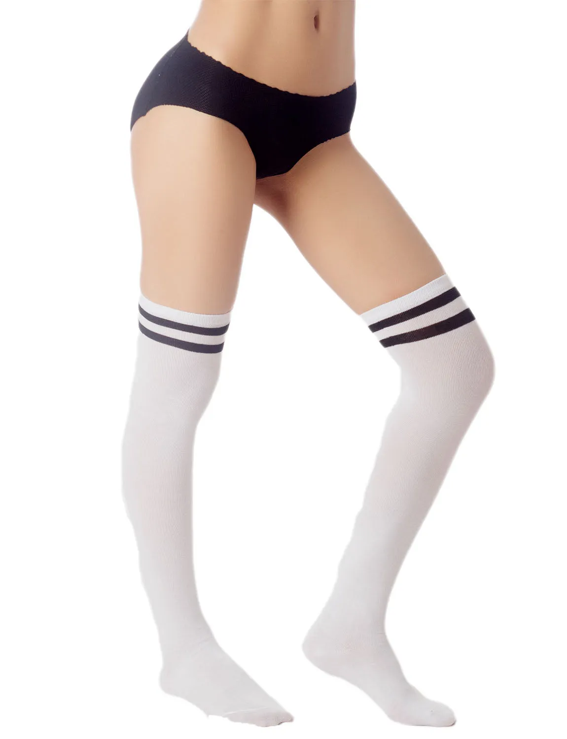 iB-iP Women's Navy Stripes Sports Football Style Hold-up Thigh High Long Socks