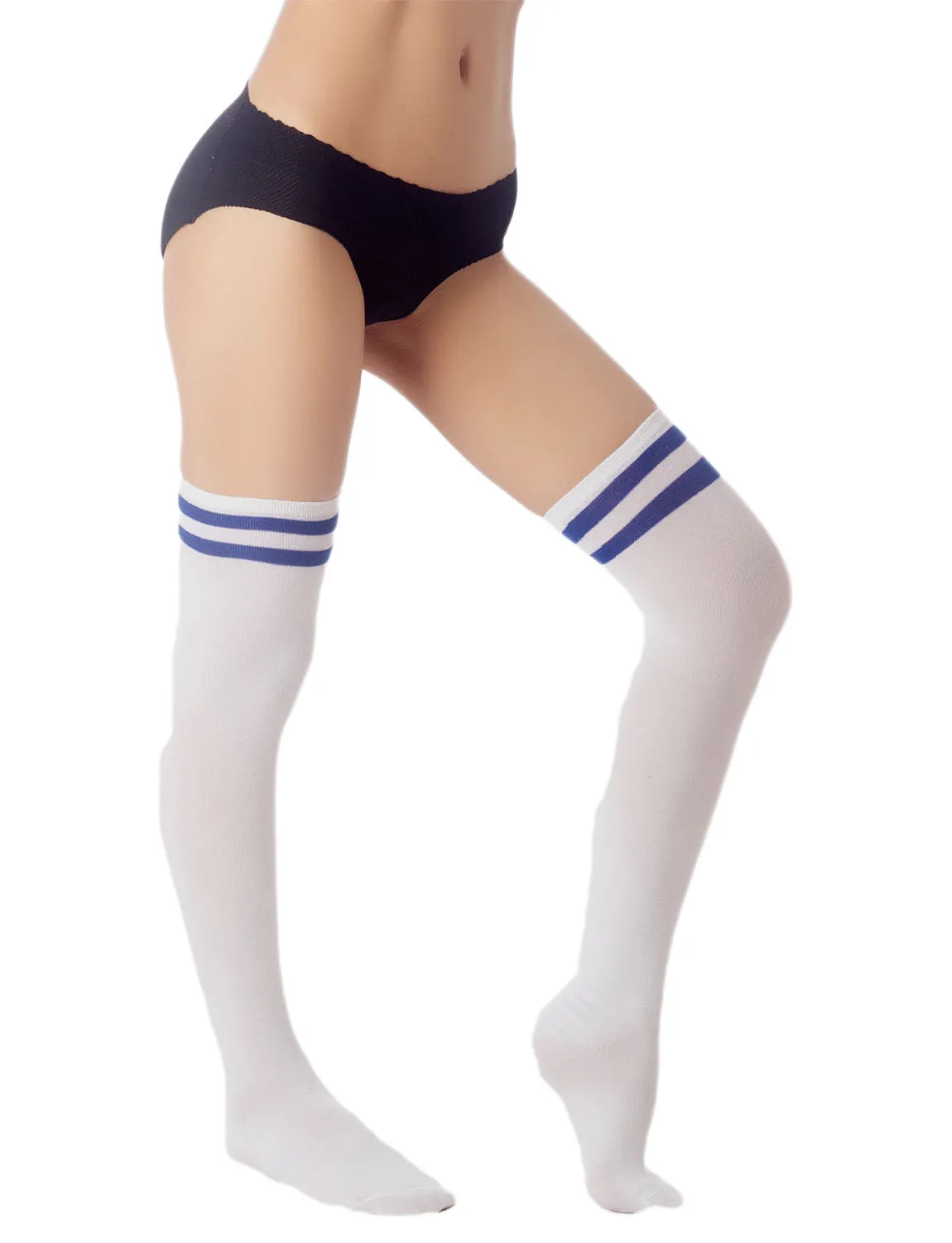 iB-iP Women's Navy Stripes Sports Football Style Hold-up Thigh High Long Socks