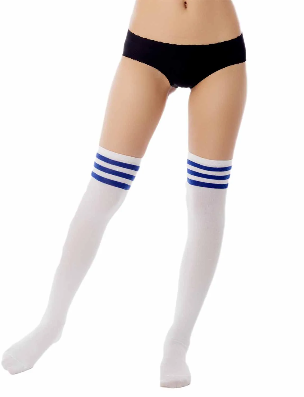 iB-iP Women's Navy Stripes Sports Football Style Hold-up Thigh High Long Socks