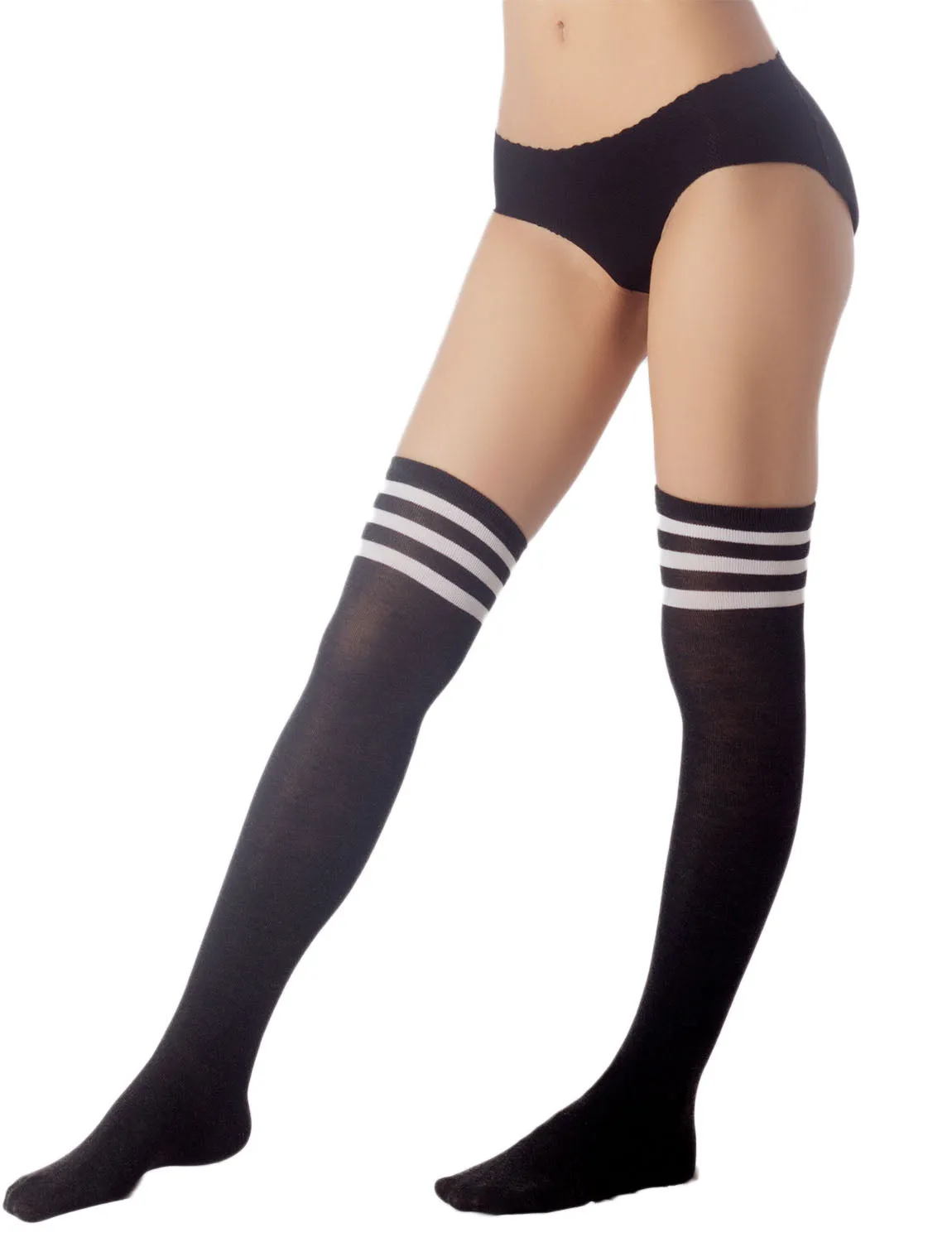 iB-iP Women's Navy Stripes Sports Football Style Hold-up Thigh High Long Socks