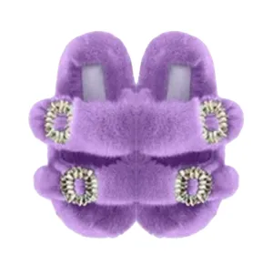 Luxe Mink Slide Sandals with Crystal Buckle - Lilac