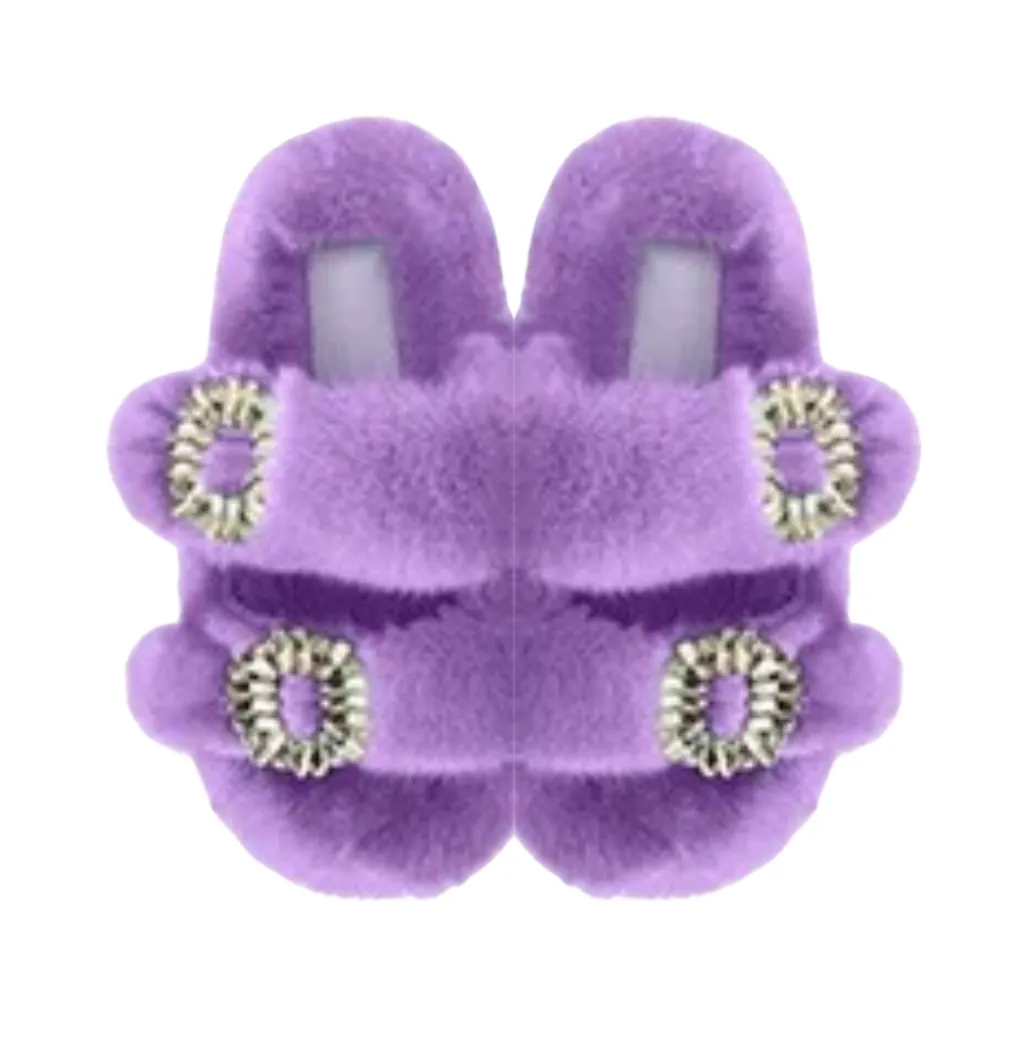 Luxe Mink Slide Sandals with Crystal Buckle - Lilac