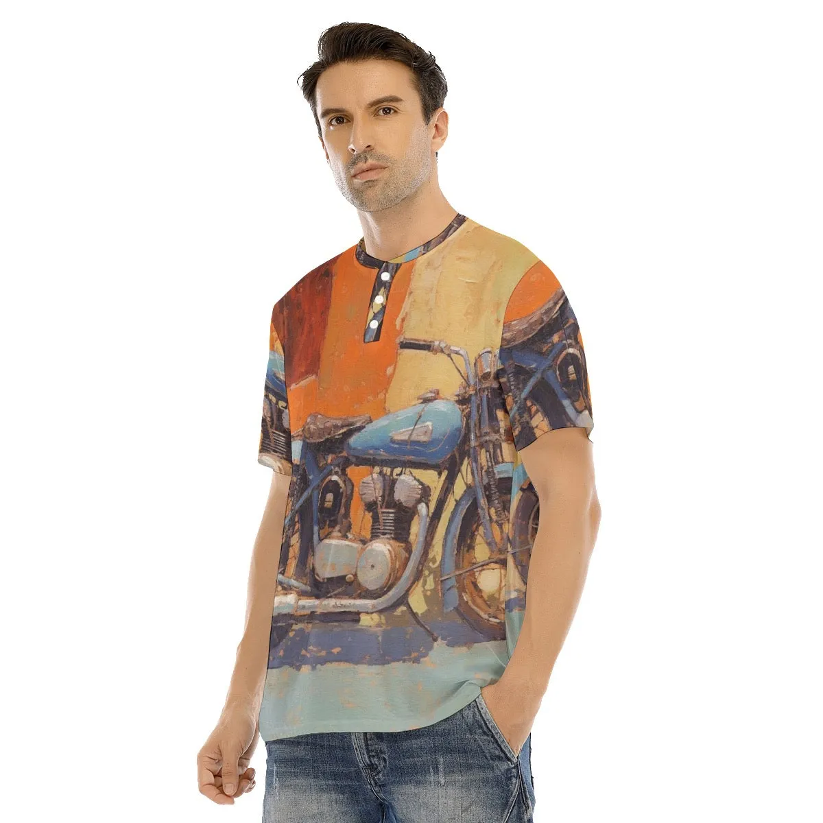 Men's Short Sleeve T-shirt With Button Closure #y173 motorcycle print