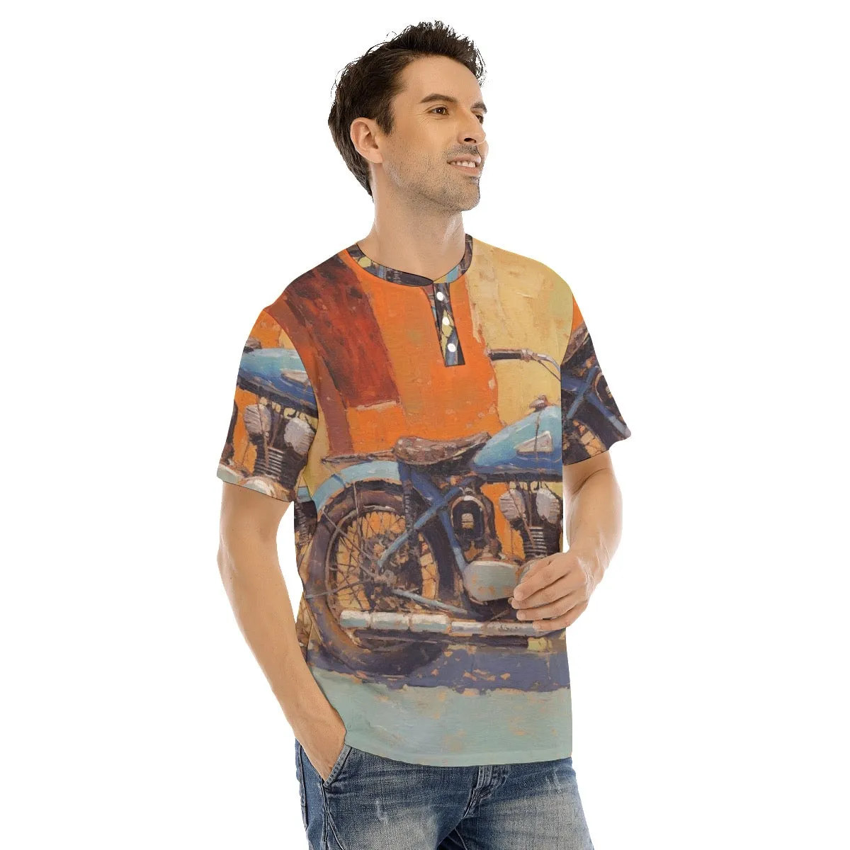 Men's Short Sleeve T-shirt With Button Closure #y173 motorcycle print