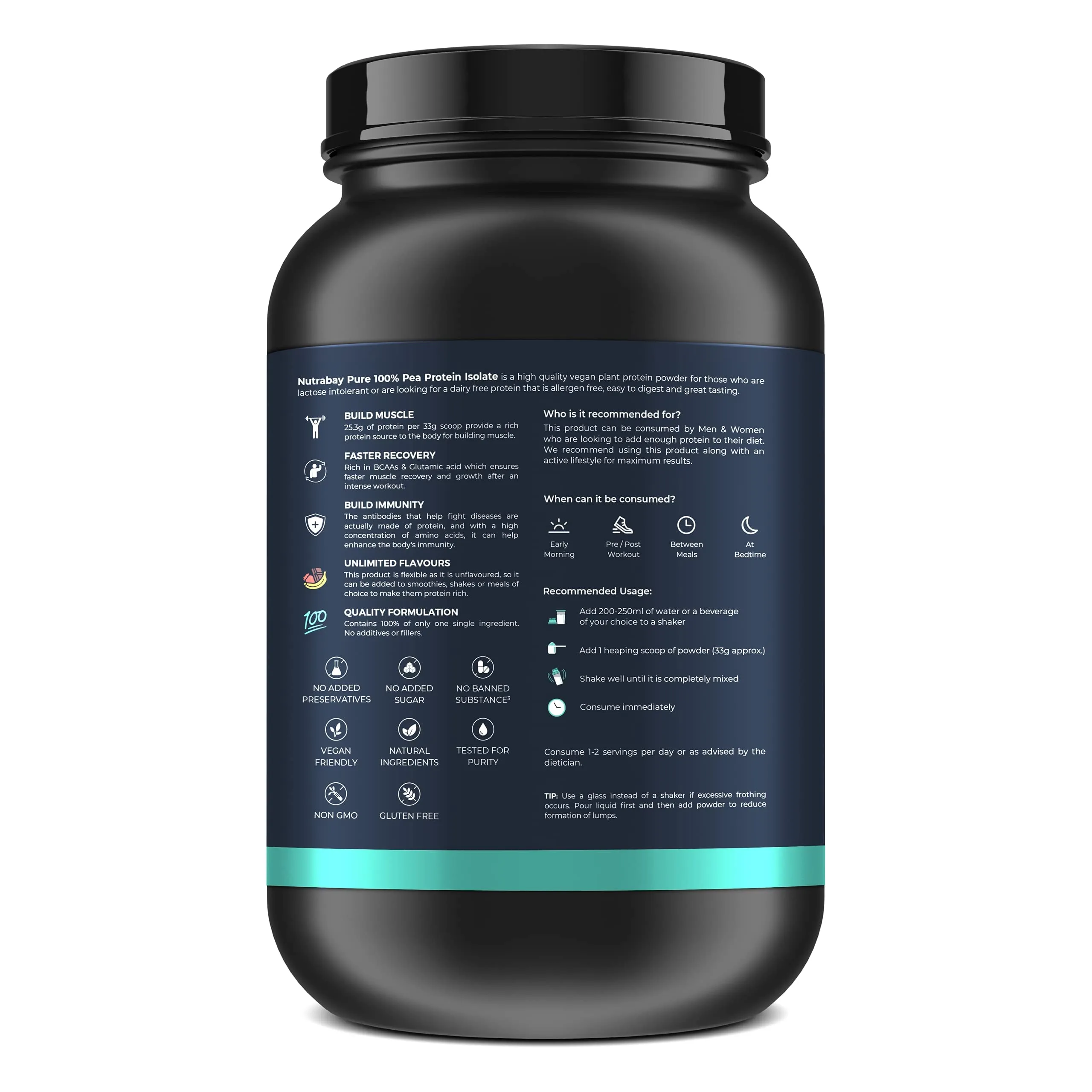 Nutrabay Pure Pea Protein Isolate - 25.3g Protein, 5g BCAA Vegan Plant Protein for Muscle Growth & Recovery - 1 Kg Unflavoured