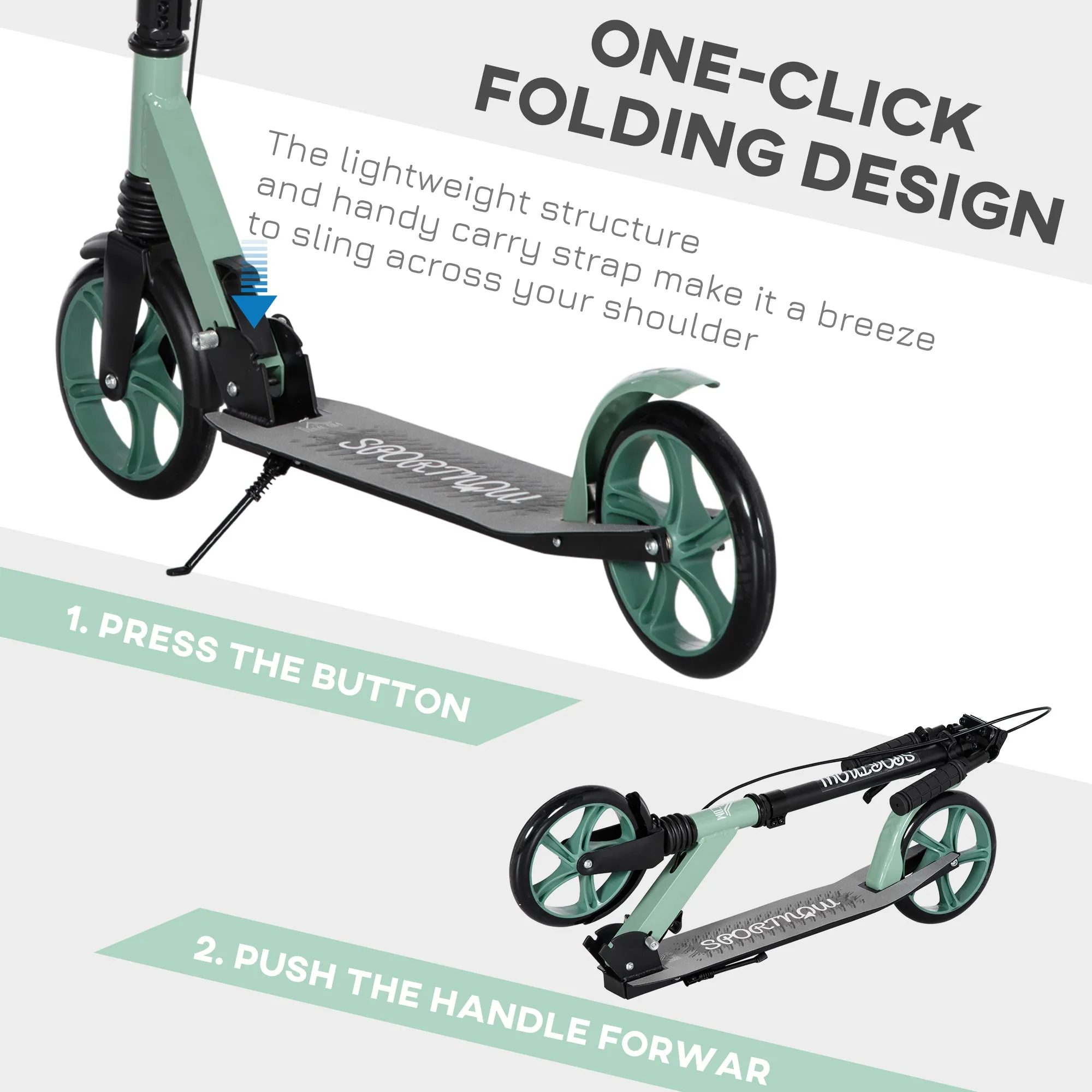 One-click Folding Kick Scooter for 14  w/ Adjustable Handlebar, Push Scooter with Kickstand, Dual Brake System, Shock Absorber, 200mm Wheels