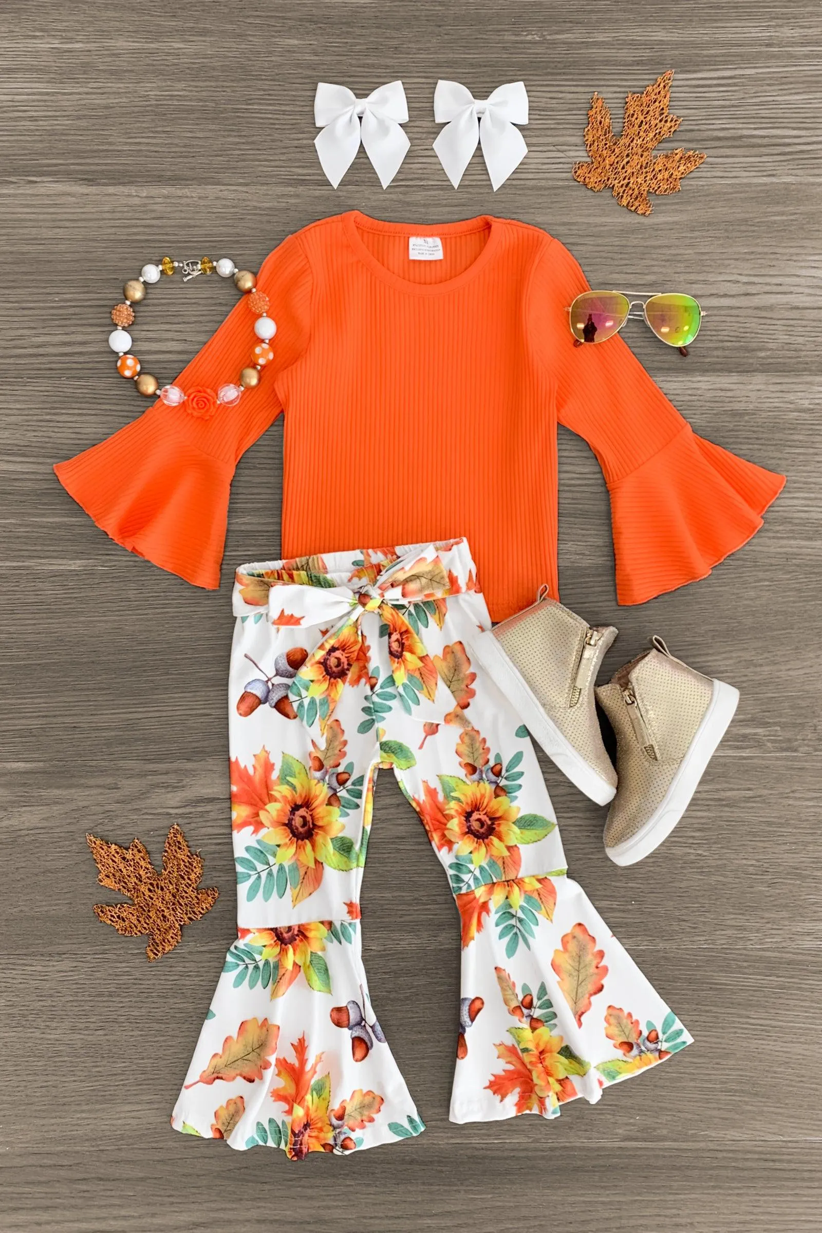 Orange Fall Floral Bell Bottom Set