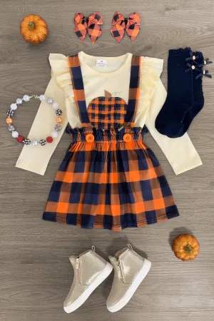 Orange Plaid Pumpkin Suspender Skirt Set