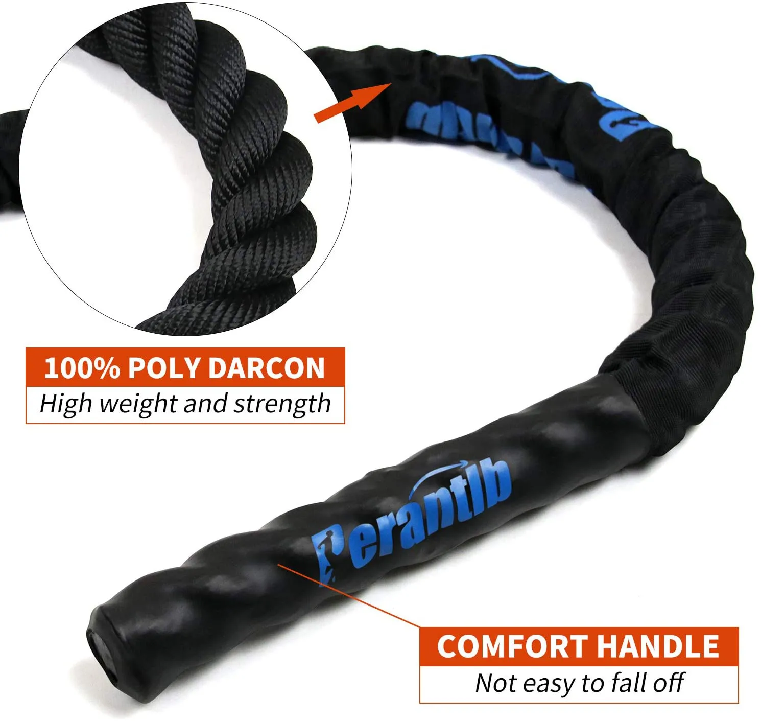 Perantlb Battle Rope with wear-Resistant Nylon Protective Sleeve ，Heavy Battle Rope for Strength Training Home Fitness Exercise Rope， Anchor Strap Kit Included