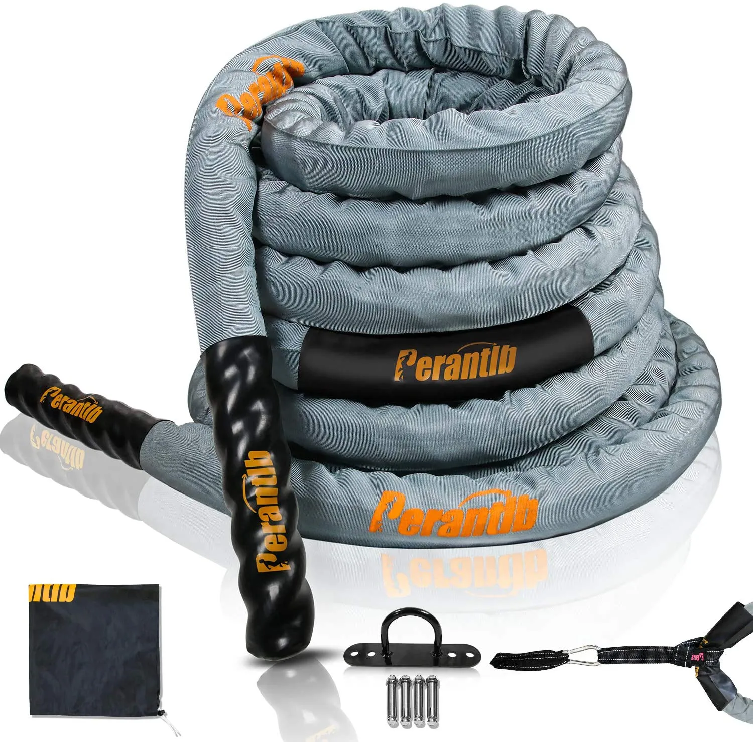 Perantlb Poly Battle Rope with Cloth Sleeve -1.5/2 Inch Diameter 30' 40' 50' Lengths -Gym Muscle Toning Metabolic Workout Fitness, Battle Rope Anchor Strap Kit Included…