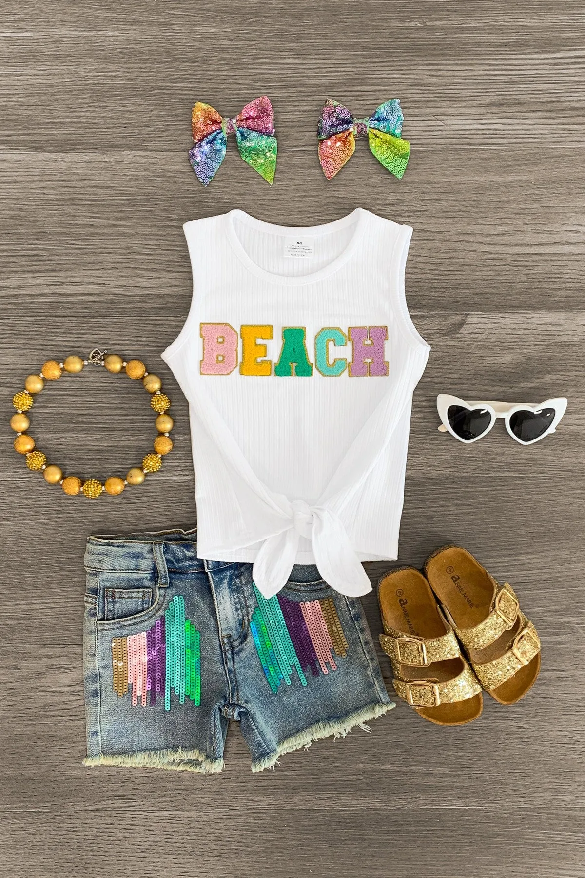 "Beach" Sequin Denim Short Set