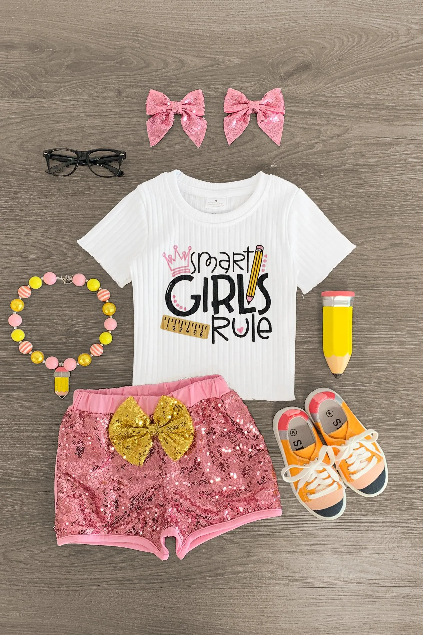 "Smart Girls Rule" Pink Sequin Short Set