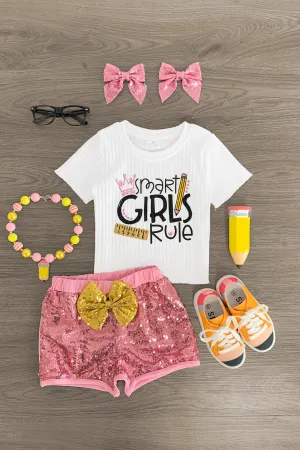 "Smart Girls Rule" Pink Sequin Short Set