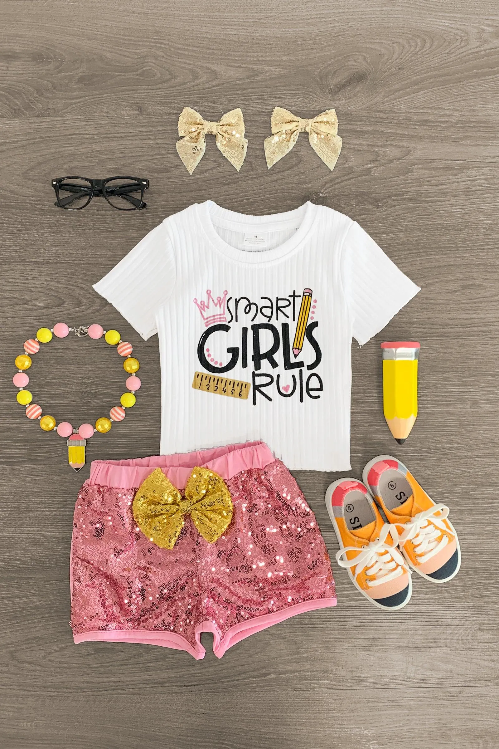 "Smart Girls Rule" Pink Sequin Short Set