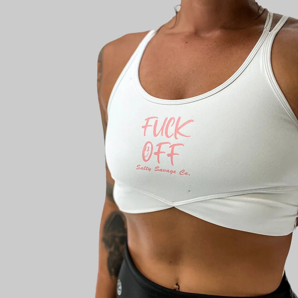 Salty Savage Ladies "Fuck Off" V Cut Sports Bra | White/Pink