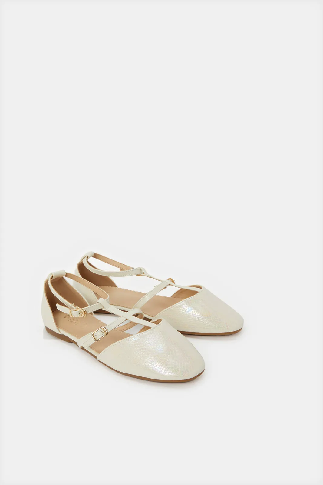 Senor Girls Cream T-Bar Textured Ballerina