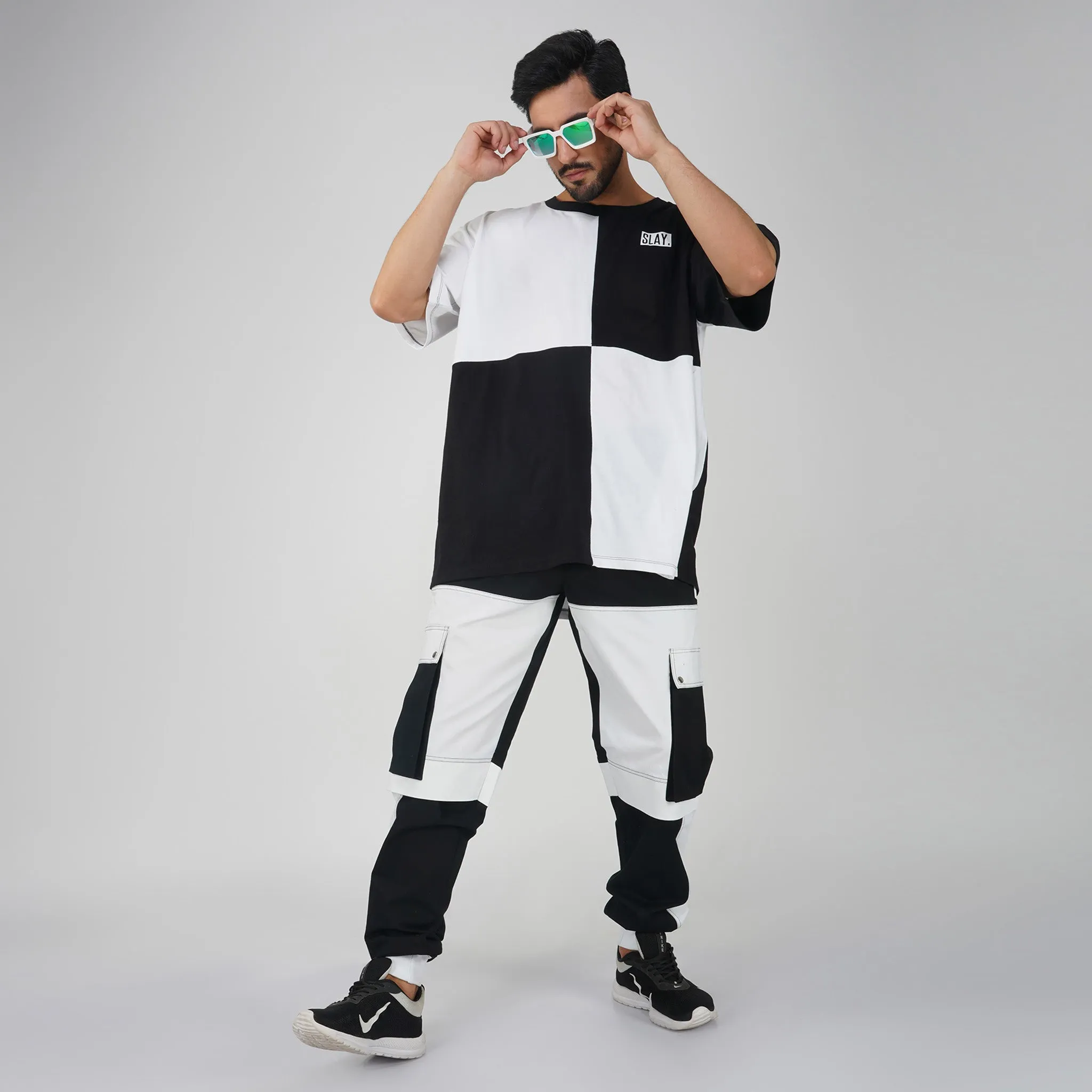 SLAY. Men's Oversized Black & White T-shirt & Cargo Pants Co-ord Set