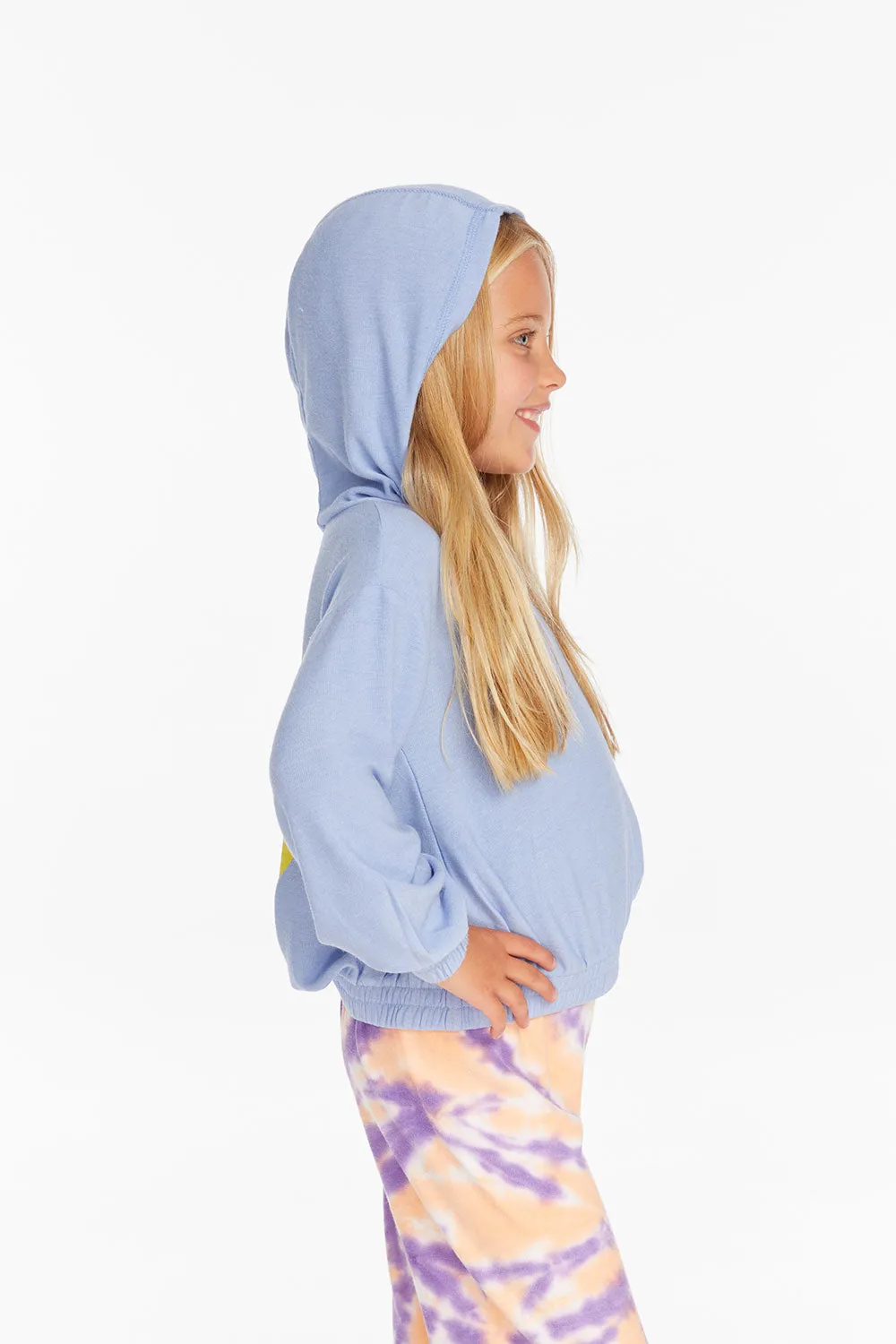 Star Smiley Semi Cropped Shirred Hoodie Pullover