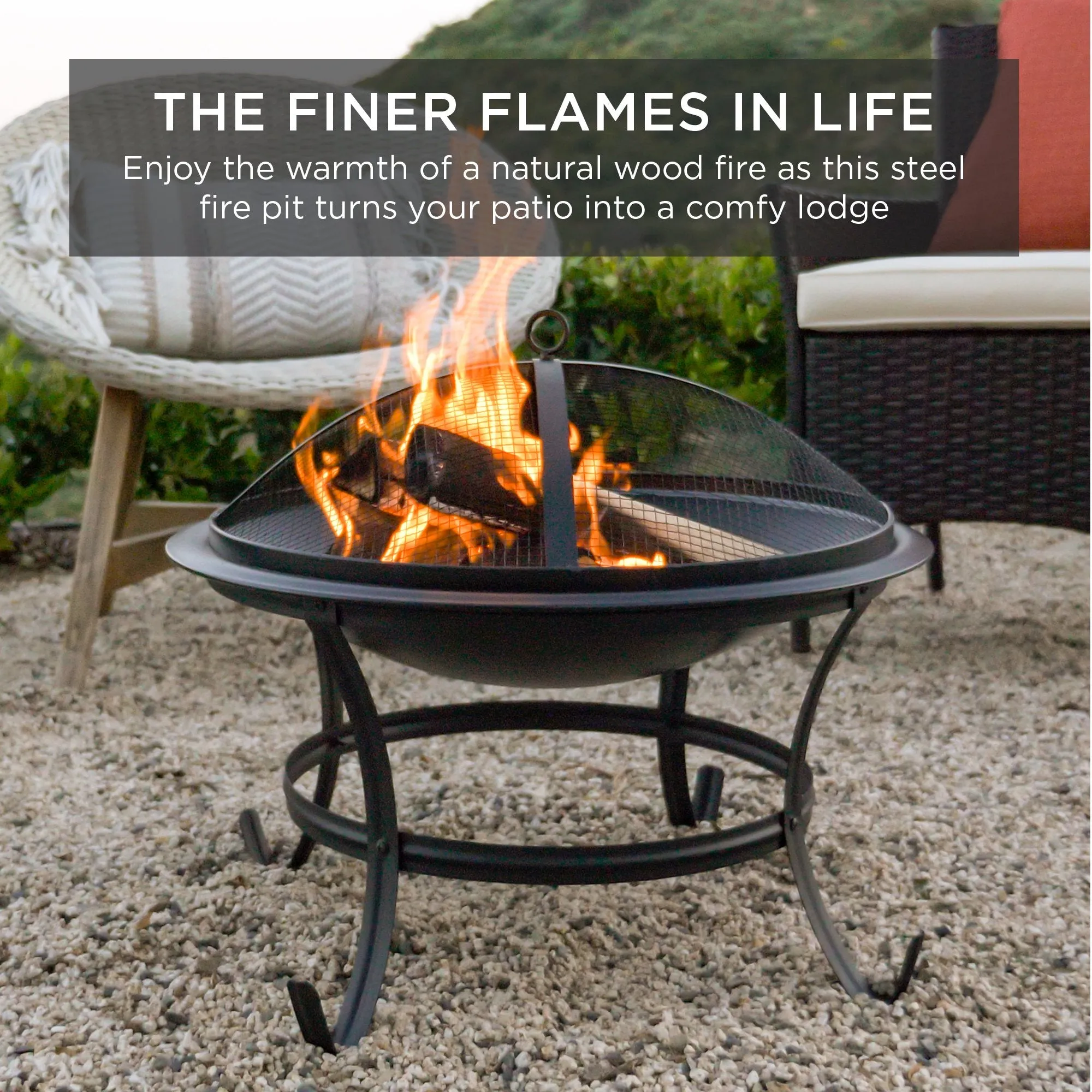 Steel Outdoor Patio Fire Pit Bowl w/ Screen Cover, Poker - 22in